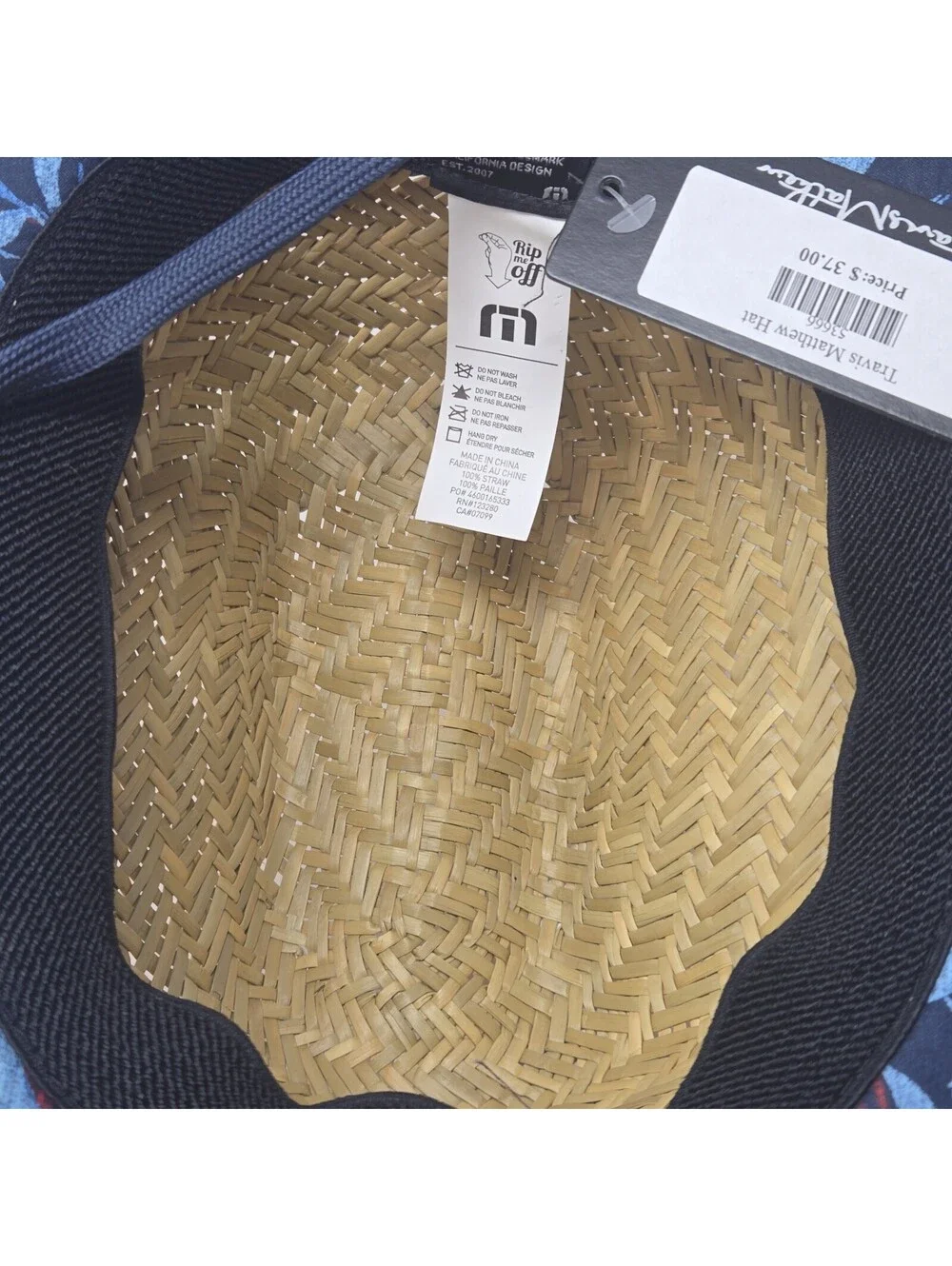TravisMathew Straw Lifeguard Sun Hat Wide Brim Chin Strap Blue Trim New One Size